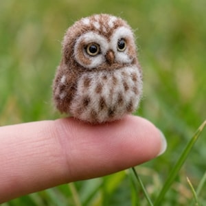 Könnte beinhalten: Eine Miniatur-Eulenfigur aus gefilzter Wolle, gefertigt aus weichen braunen und weißen Wollfasern. Die Eule hat detaillierte dunkle Augen, einen kleinen spitzen Schnabel und einen abgerundeten Körper mit strukturierten Gefiedermustern.