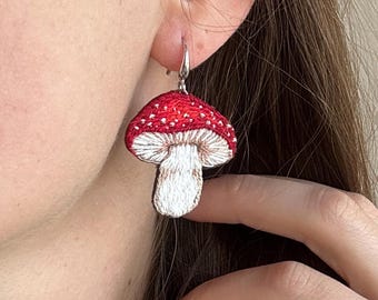 Red Mushroom hand embroidered earrings, amanita textile statement earrings, woodland jewelry, whimsical earrings, autumn lover gift