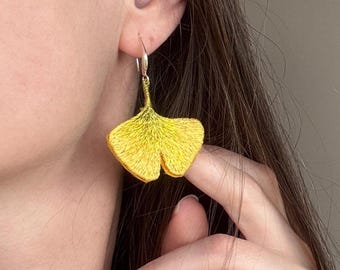 Yellow ginkgo biloba hand embroidered earrings, statement leaf earrings, botanical textile jewelry, autumn lover gift