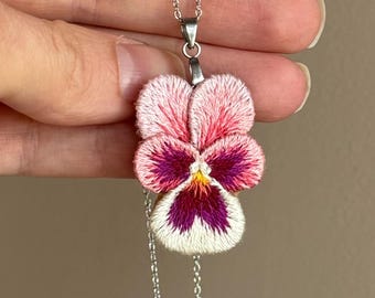 Pink pansy hand embroidered pendant, cottagecore textile jewelry gift, botanical necklace