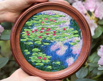Claude Monet Water Lilies embroidered hoop art, Monet embroidered painting wall art, embroidered picture, finished embroidery