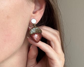 Acorn hand embroidered earrings, botanical textile statement earrings, woodland jewelry, autumn lover gift