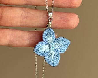 Blue hydrangea hand embroidered pendant, cottagecore textile jewelry gift, botanical necklace