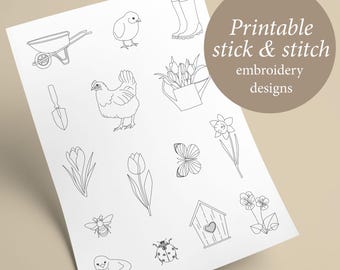 PDF Printable stick and stitch embroidery designs SPRING GARDEN, gardening stick n stitch patterns, cottagecore diy
