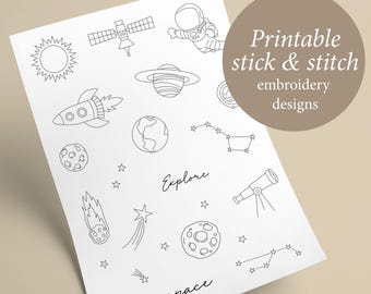PDF Printable stick and stitch embroidery designs SPACE, celestial stick n stitch patterns template, planets instant download