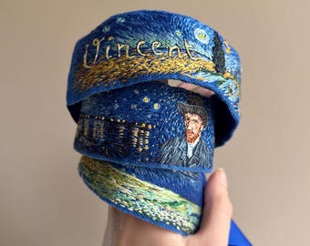 Vincent Van Gogh hand embroidered belt, impressionist inspired textile belt, fine art accessory, wearable art belt, one of a kind belt