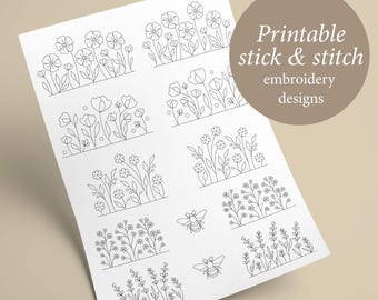 FLORAL PAIRS PDF Printable stick and stitch embroidery designs, flower borders stick n stitch patterns template, instant download