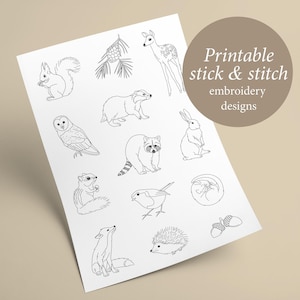 Puede incluir: Diseños de bordado imprimibles para pegar y coser con una variedad de animales del bosque, incluyendo un ciervo, una ardilla, un búho, un mapache, un conejo, una ardilla listada, un pájaro, un zorro, un erizo y piñas.