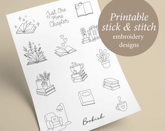 PDF Printable stick and stitch embroidery designs BOOK LOVER, cozy reader stick n stitch patterns template, literary, poetcore
