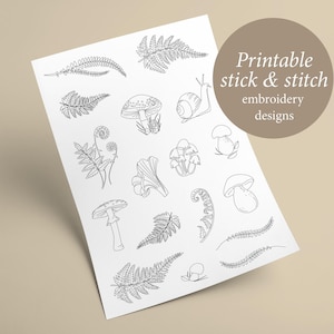 Op de afbeelding: Printbare stick- en borduurmotieven met paddenstoelen, varens en een slak. De motieven zijn zwart-wit en perfect voor knutselen.