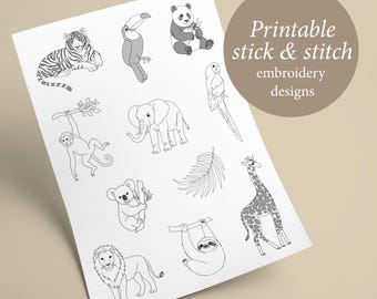 PDF Printable stick and stitch embroidery designs JUNGLE, zoo animals stick n stitch patterns template, safari embroidery