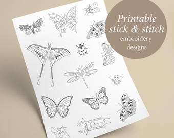 Diseños de bordado para pegar y bordar imprimibles en formato PDF: INSECTOS, plantillas de patrones para pegar y bordar. Mariposa, polilla, escarabajo, descarga instantánea