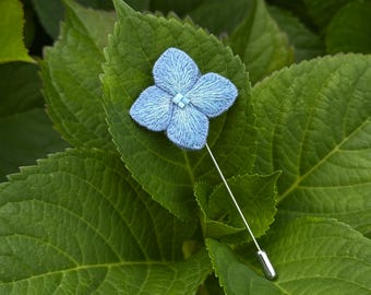 Blue hydrangea hand embroidered brooch, cottagecore textile jewelry gift, floral stick pin, botanical lapel stick