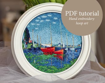 Claude Monet Red Boats at Argenteuil hand embroidery PDF tutorial, cottagecore full embroidery pattern, instant download instructions