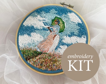 Claude Monet Woman with a Parasol hand embroidery kit, Monet Lady with a Parasol hoop art kit, cottagecore kit, DIY kits for adults