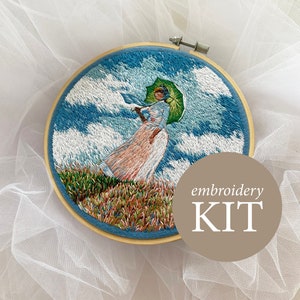 Claude Monet Woman with a Parasol hand embroidery kit, Monet Lady with a Parasol hoop art kit, cottagecore kit, DIY kits for adults
