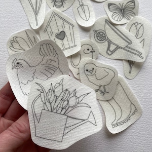 GARDEN stick and stitch embroidery designs, Gardening stick n stitch embroidery, Cottagecore wash away embroidery stickers, farm chicken DIY