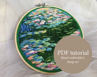 Tutorial PDF per ricamo a mano "Ninfee di Claude Monet", schema per ricamo cottagecore nature, istruzioni per il download immediato