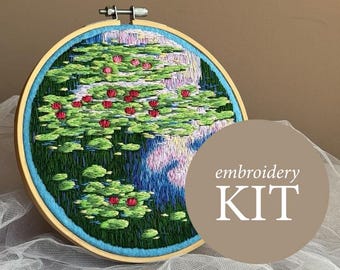 Claude Monet Water Lilies hand embroidery kit, colorful cottagecore art kit, DIY kits for adults, Shipping from the US and EU