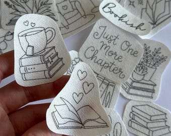 BOOK LOVER stick and stitch embroidery designs, bookish stick n stitch embroidery pack, bookworm washaway embroidery stickers, reading lover