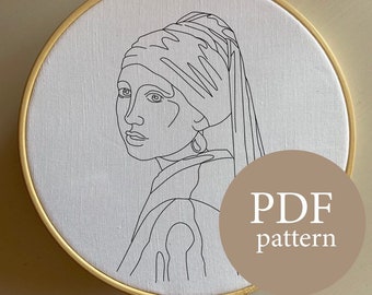 Pode incluir: Um desenho de linha preto e branco da Menina com Brinco de Pérola, bordado em tecido branco em um aro de bordado de madeira. O texto "PDF pattern" está em um círculo marrom no canto inferior direito da imagem.