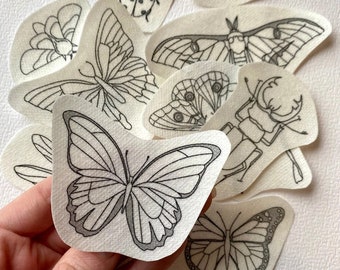 Diseños de bordado para INSECTOS, paquete de bordado para bordar. Pegatinas lavables de mariposas, polillas, escarabajos y mariquitas.