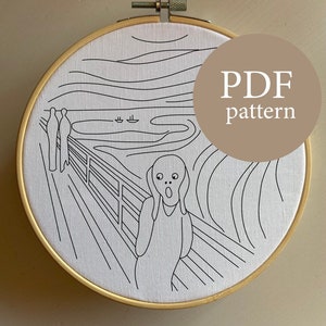 May include: A black and white line drawing of Edvard Munch's The Scream, embroidered on white fabric in a wooden embroidery hoop. The text "PDF pattern" is visible in the upper right corner of the image.