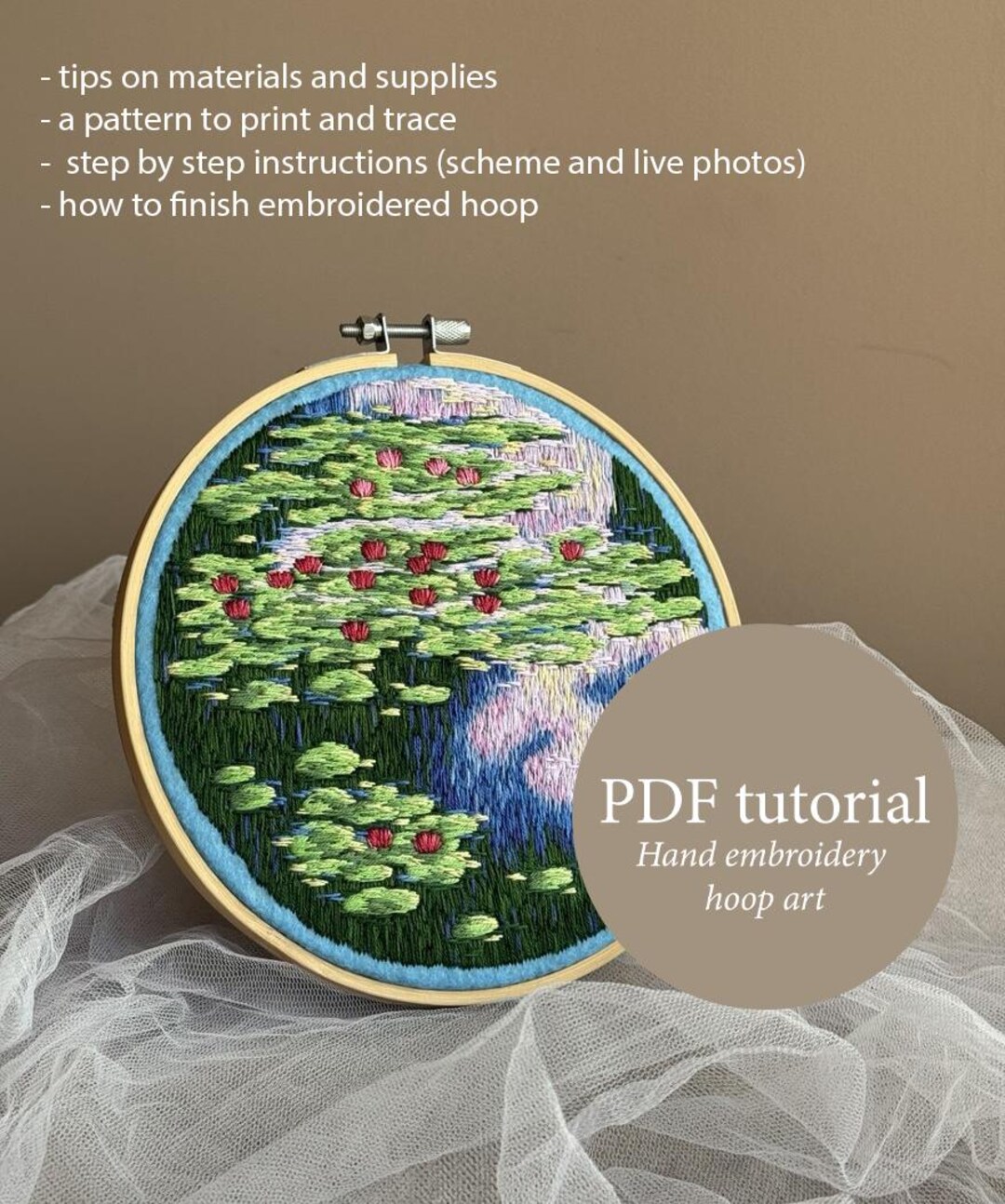 Claude Monet Water Lilies Hand Embroidery PDF Tutorial, Cottagecore ...