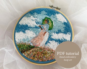 Modello di ricamo a mano "Donna con parasole" di Claude Monet, ricamo a telaio di Monet, modello PDF di pittura con filo cottagecore