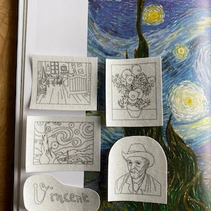 May include: A selection of small, embroidered patches showcasing line art representations of Vincent van Gogh's art. Includes images of "The Starry Night", self-portrait, and other famous paintings. The name "Vincent" is also embroidered.