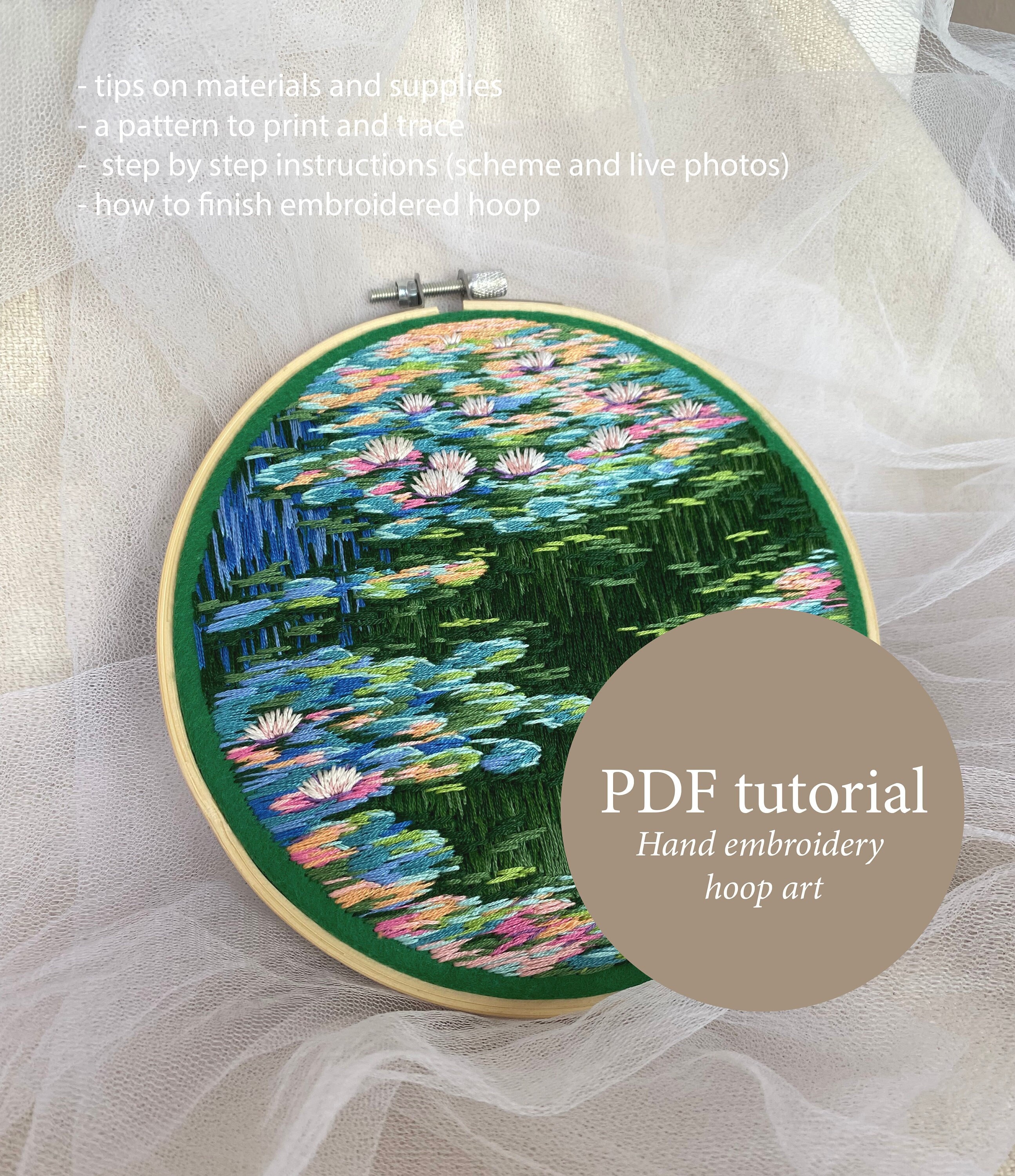 Claude Monet Water Lilies Hand Embroidery PDF Tutorial