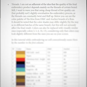 Pu&ograve; includere: Un grafico che mostra la tavolozza dei colori per il filo da ricamo dei marchi DMC e Anchor. Il grafico elenca il numero del colore, il nome del colore e i numeri del filo DMC e Anchor corrispondenti.