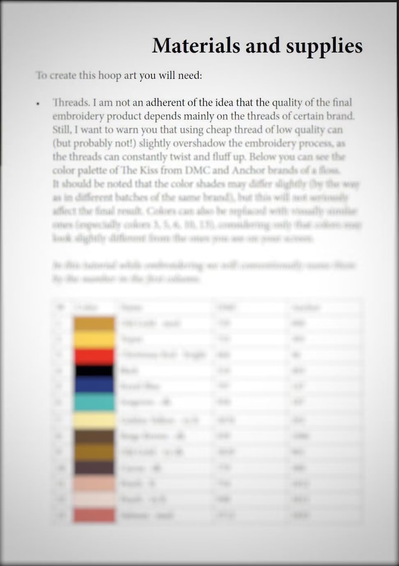 Pu&ograve; includere: Un grafico che mostra la tavolozza dei colori per il filo da ricamo dei marchi DMC e Anchor. Il grafico elenca il numero del colore, il nome del colore e i numeri del filo DMC e Anchor corrispondenti.