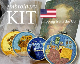 Van Gogh hand embroidery kit. Starry Night, Sunflowers art kit, DIY kits for adults, thread painting
