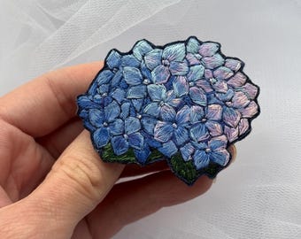 Hydrangea hand embroidered brooch, Textile blue flower brooch, Embroidery art jewelry, garden flower gift