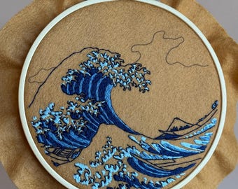 PDFチュートリアル「神奈川沖浪裏」刺繍図案、葛飾北斎の波の糸絵、手