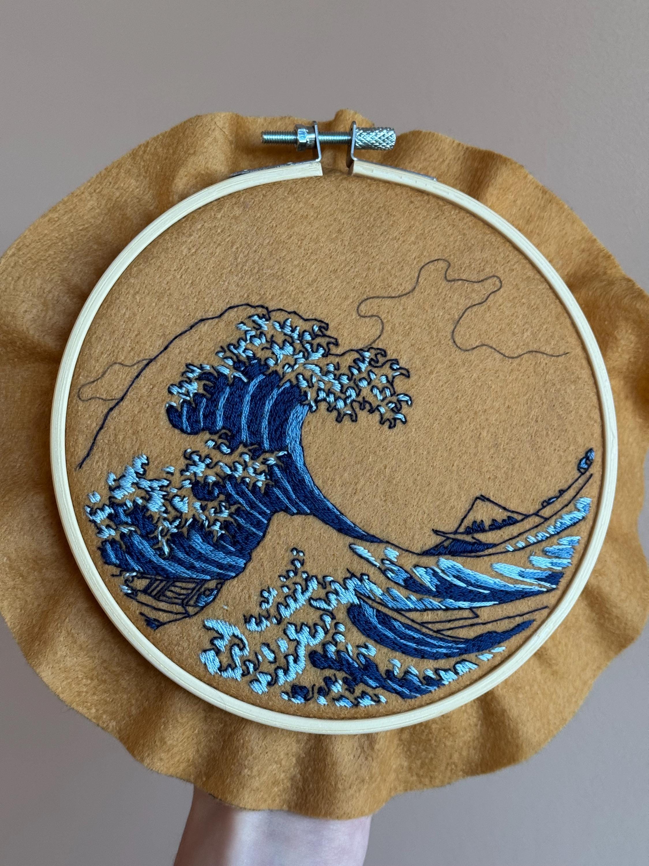 葛飾北斎 神奈川沖浪裏 モチーフ 手刺繍 波アート 和風インテリア 刺繍