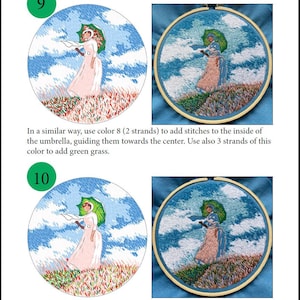 May include: A step-by-step embroidery guide showing a woman with an umbrella walking through a field of grass. The image shows the embroidery process in progress, with the first image showing the outline of the woman and the second image showing the woman with more detail. The text in the image reads "In progress..." and includes instructions for adding stitches to the umbrella and grass.