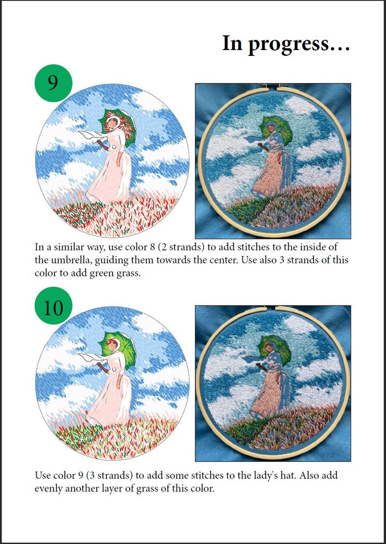 May include: A step-by-step embroidery guide showing a woman with an umbrella walking through a field of grass. The image shows the embroidery process in progress, with the first image showing the outline of the woman and the second image showing the woman with more detail. The text in the image reads "In progress..." and includes instructions for adding stitches to the umbrella and grass.