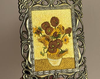 Vincent Van Gogh Sunflowers framed embroidery art, Still life embroidered painting home decor, finished embroidery