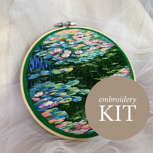 Claude Monet Water Lilies hand embroidery kit,  colorful cottagecore art kit, dopamine full embroidery DIY kits for adults