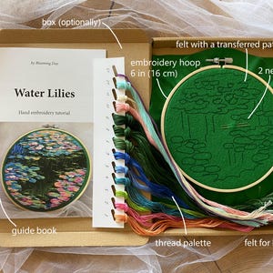 Components of embroidery kit: embroidery hoop 6 inch (16 cm); soft green felt with already transferred pattern; felt for backing;
thread palette with DMC floss; booklet with step-by-step tutorial (scheme + live photos); 2 needles