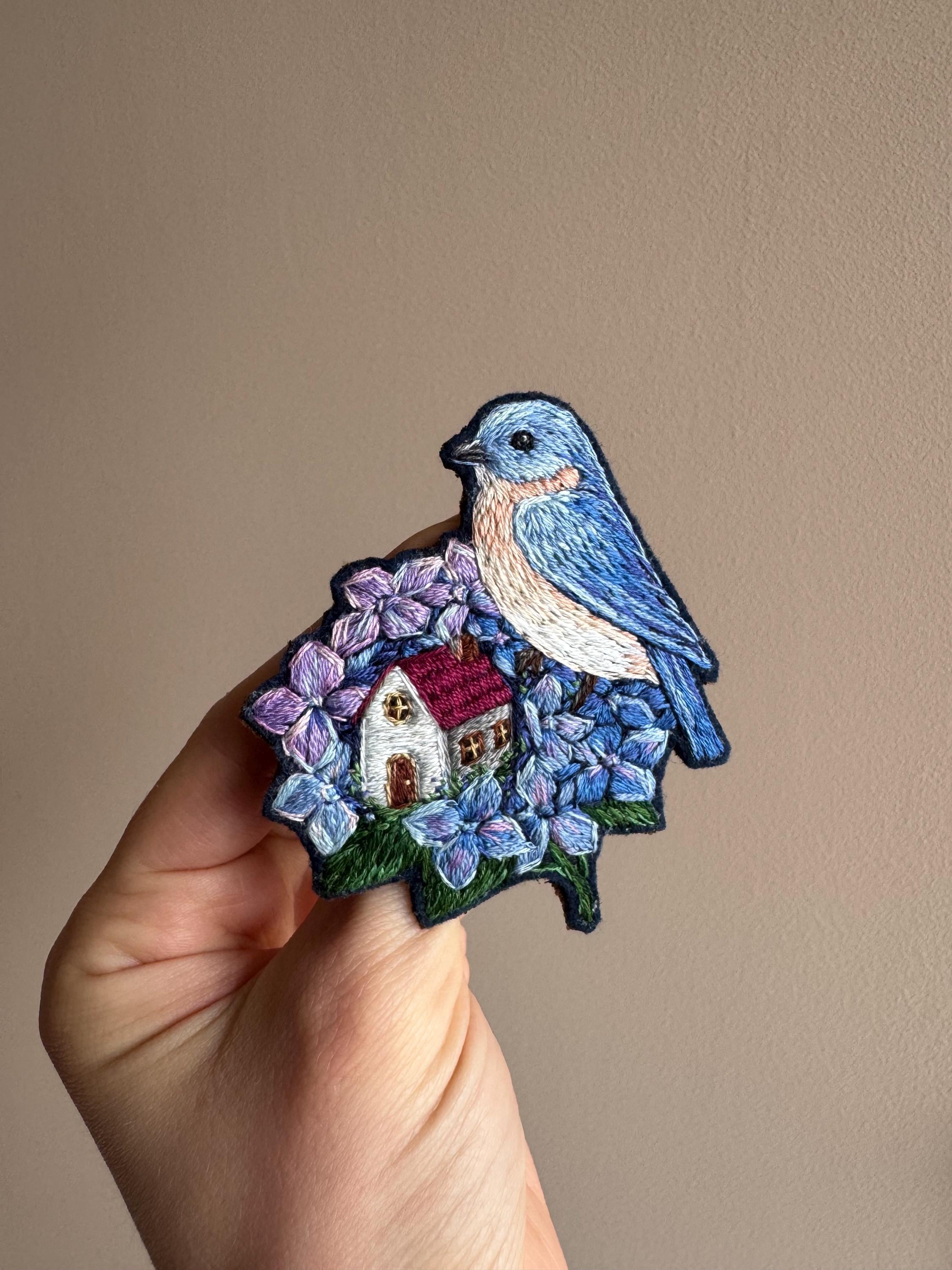 Bluebird home hand embroidered brooch, cottagecore textile art, bird embroidery art brooch