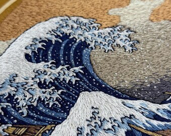 PDFチュートリアル「神奈川沖浪裏」刺繍図案、葛飾北斎の波の糸絵、手