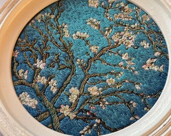 Vincent Van Gogh Almond Blossom embroidery art, cottagecore embroidered painting, finished embroidery home decor