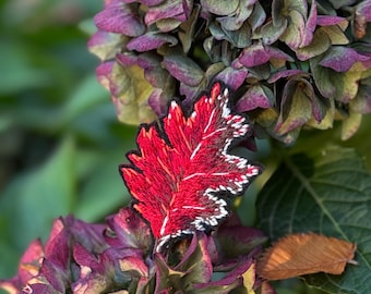 Red Leaf Embroidered Brooch, Handmade Botanical Pin, Statement Fiber Art, Nature Jewelry, Gothic Brooch, Textile Art