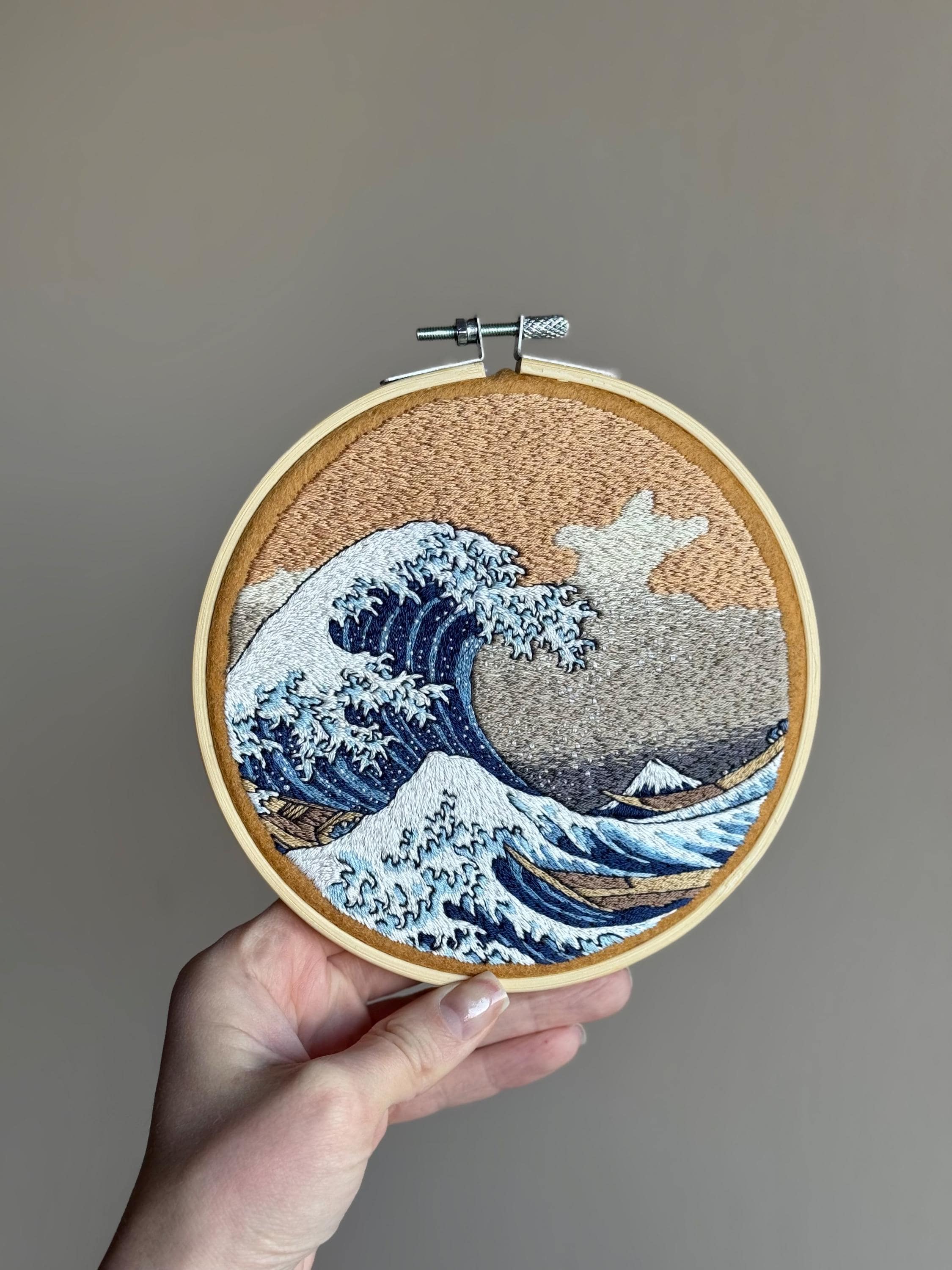 PDFチュートリアル「神奈川沖浪裏」刺繍図案、葛飾北斎の波の糸絵、手