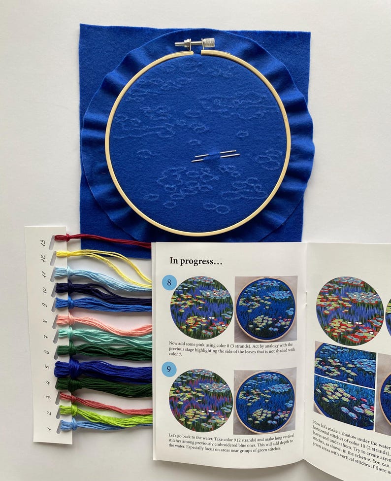 May include: A blue embroidery hoop with a partially stitched design, surrounded by blue fabric. A color chart with various thread colors and an instruction booklet are also present. The booklet reads "In progress..."