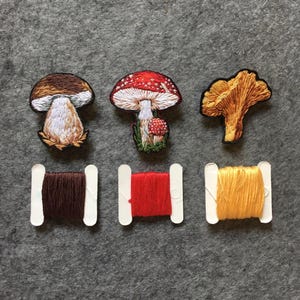 Puede incluir: Tres parches bordados de setas en marrón, rojo y naranja, con carretes de hilo a juego. Los parches representan una seta marrón y blanca, una seta roja y blanca y una seta de rebozuelo naranja. Los carretes de hilo son marrón, rojo y amarillo.