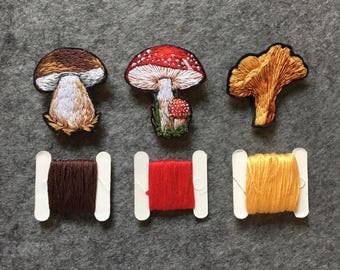 Mushroom hand embroidered brooch, textile fly agaric, chanterelle, porcini art brooch, woodland embroidery art, cottagecore gift
